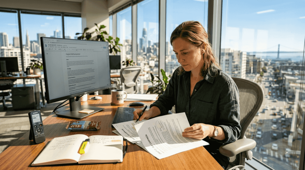 How to Use AI for Content Creation (Without Sounding Like AI) Woman managing AI content workflow in office