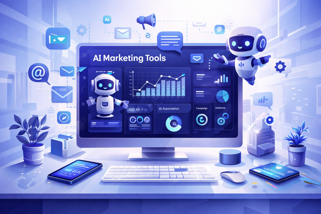 AI marketing tools dashboard with analytics automation and digital marketing features