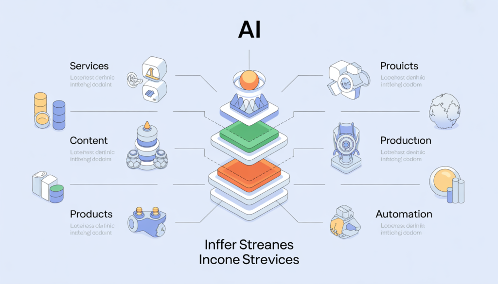 How to Make Money with AI (7 Real Ways That Actually Work in 2026) AI income streams services content products automation diagram