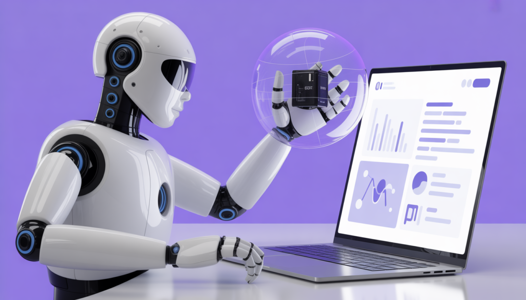 AI tools for content creation robot analyzing data and automating workflows