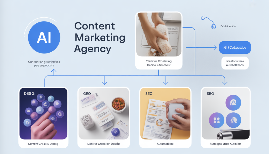 AI tools for marketing agencies workflow showing content creation design SEO and automation system